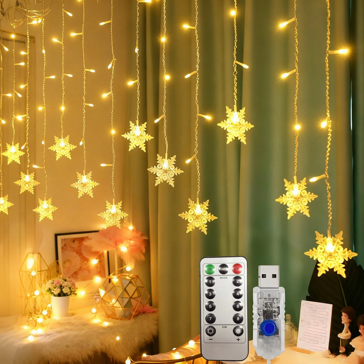 LED Snowflake Curtain Lights (19-Drop, USB)