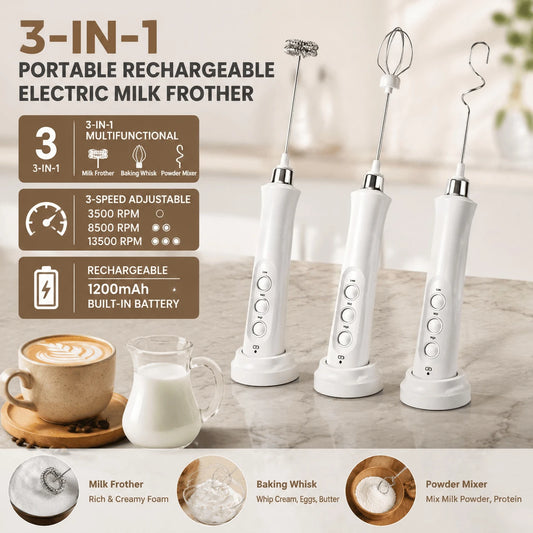Rechargeable 3-Speed Milk Frother Wand (3-in-1)