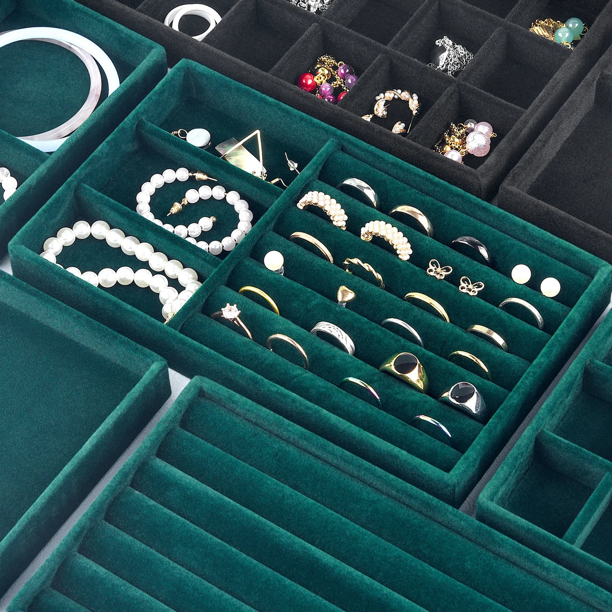 Black Velvet Jewelry Organizer Tray – Divided Compartments for Rings, Earrings & Bracelets