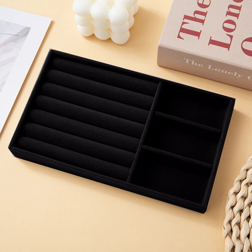 Black Velvet Jewelry Organizer Tray – Divided Compartments for Rings, Earrings & Bracelets