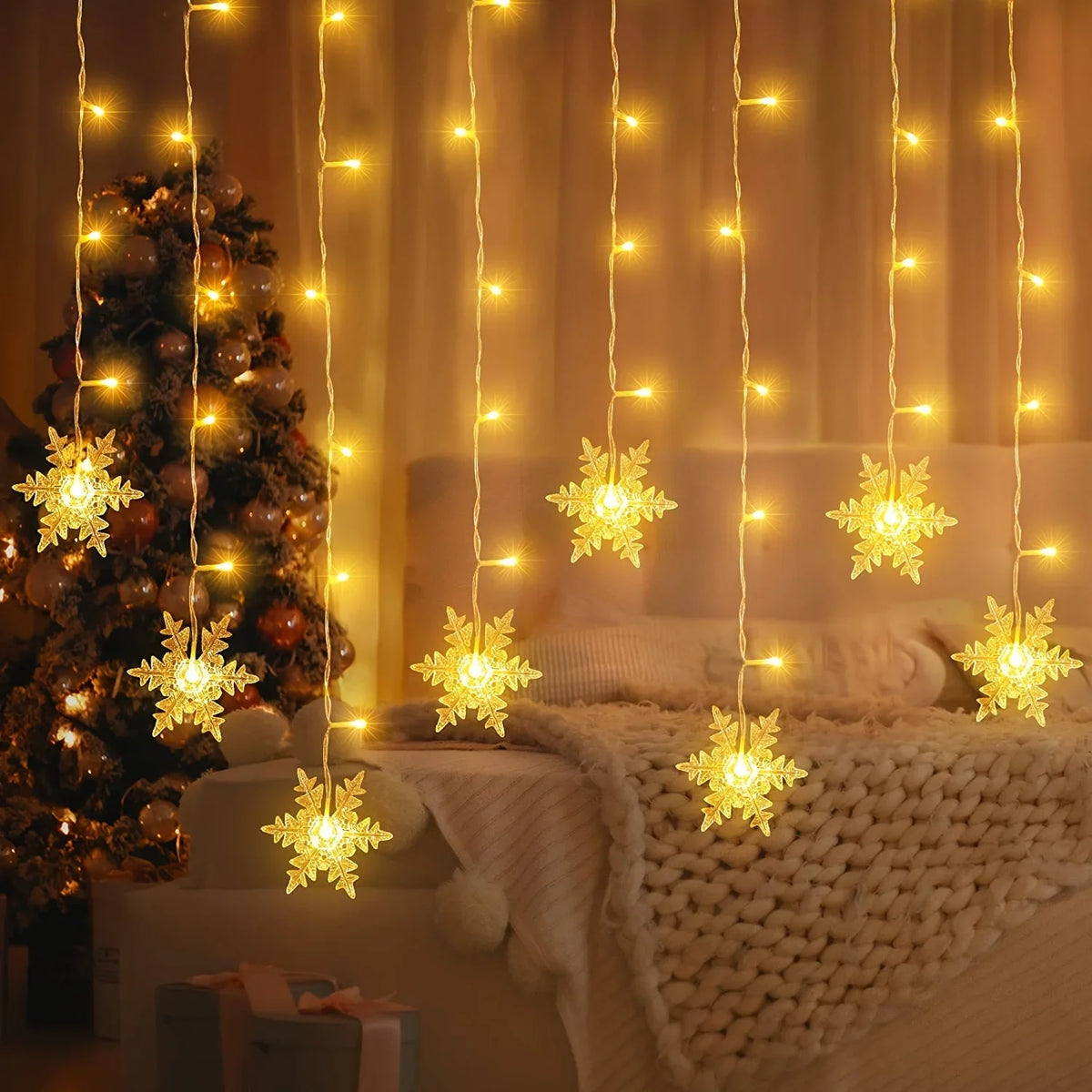 LED Snowflake Curtain Lights (19-Drop, USB)