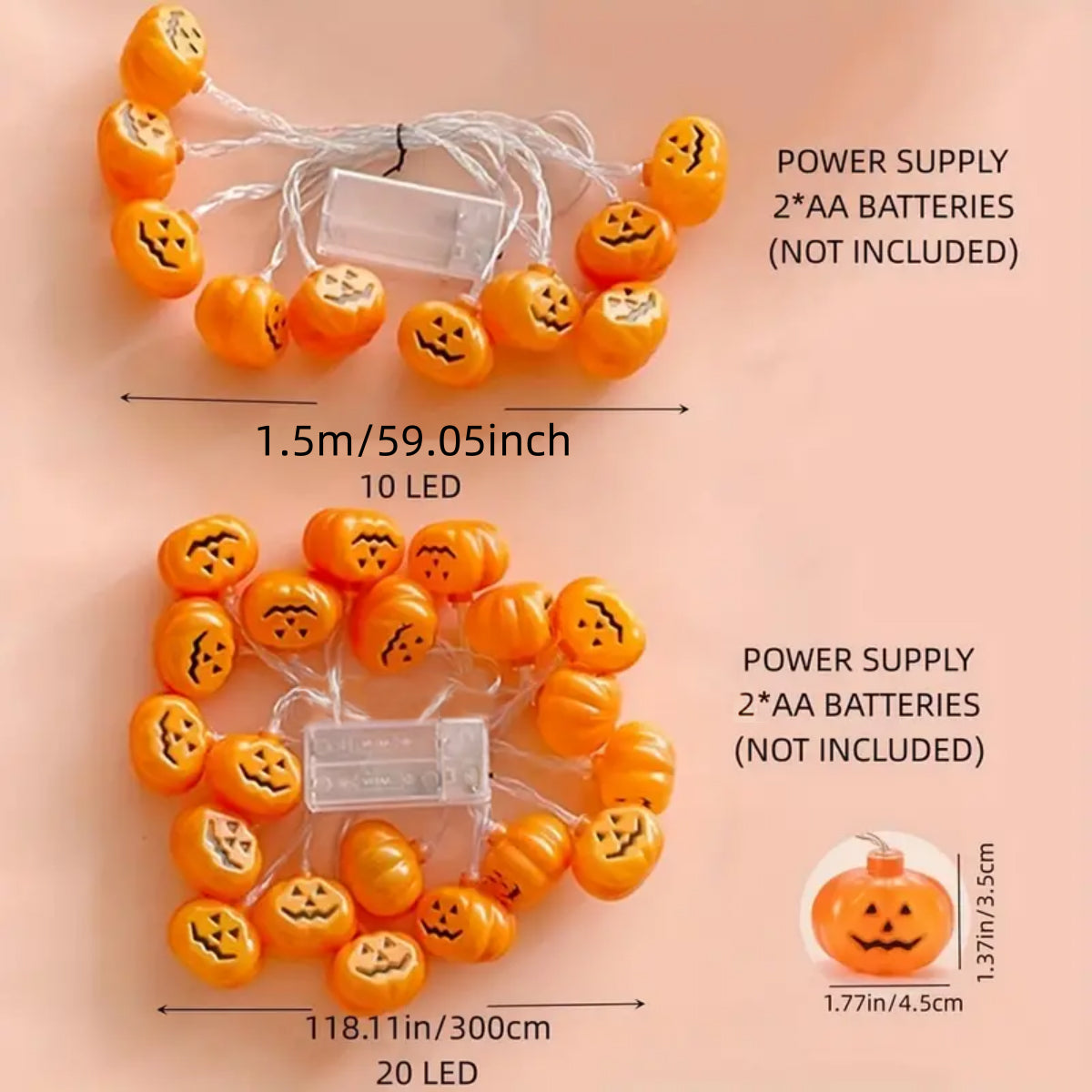 CozyGlow Halloween Pumpkin String Lights – 20 LED Battery-Operated