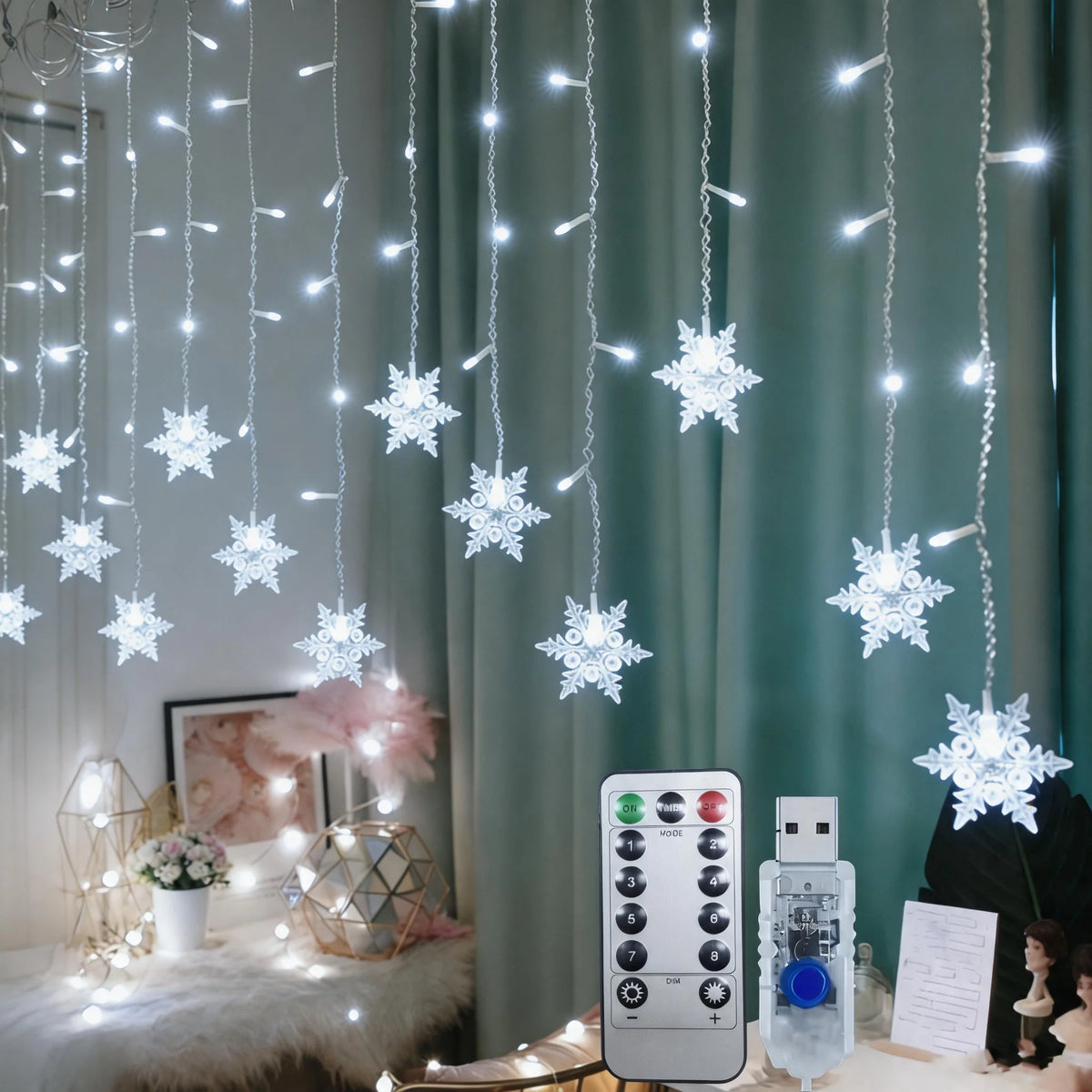 LED Snowflake Curtain Lights (19-Drop, USB)